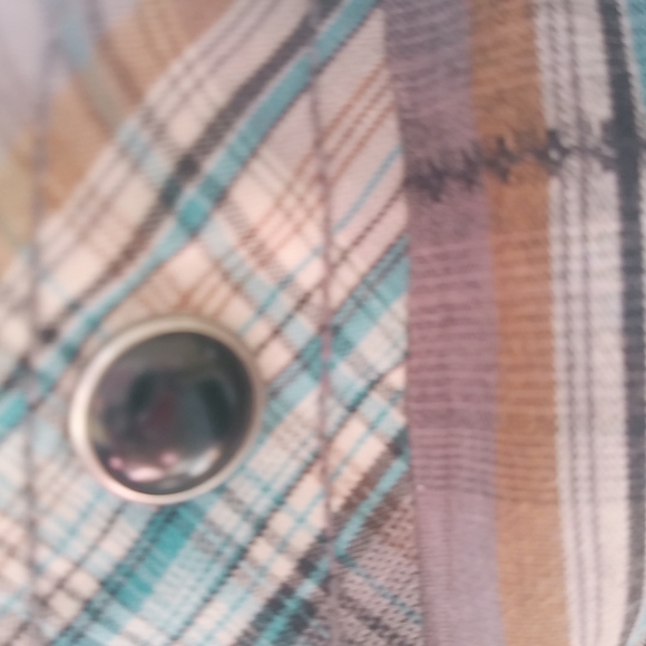 Coastal XXL Mens Tan Turquoise Plaid Snap Western Shirt - Picture 2 of 9